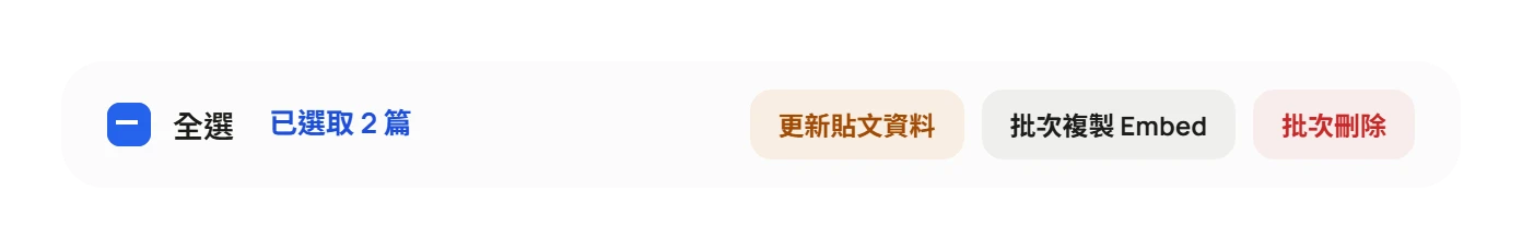 批次工具列：已選取 2 篇，右側有更新貼文資料、批次複製 Embed、批次刪除三個按鈕